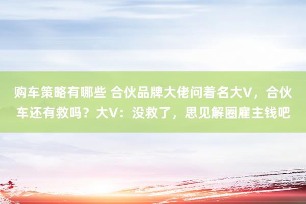 购车策略有哪些 合伙品牌大佬问着名大V，合伙车还有救吗？大V：没救了，思见解圈雇主钱吧